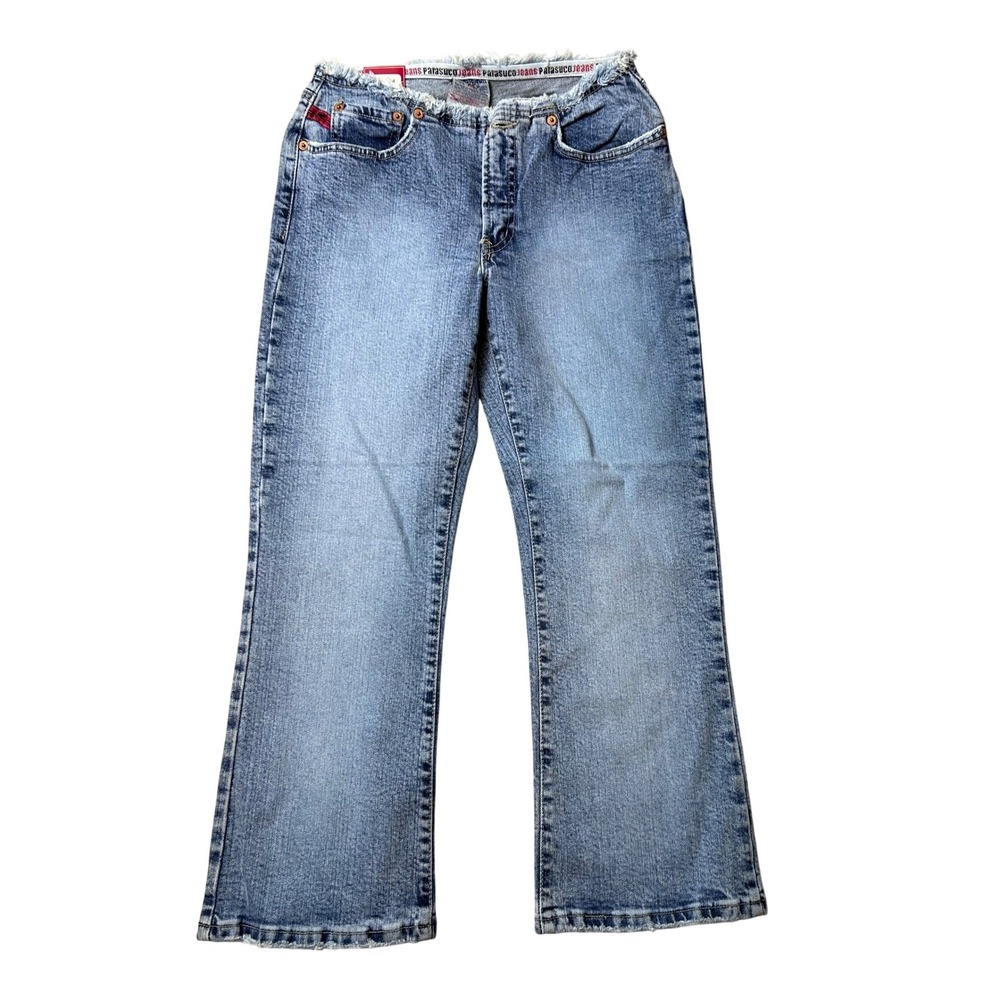 VTG Parasuco Jeans Women's Size 27 Blue Denim Flare‎ Distressed Stretch Cropped